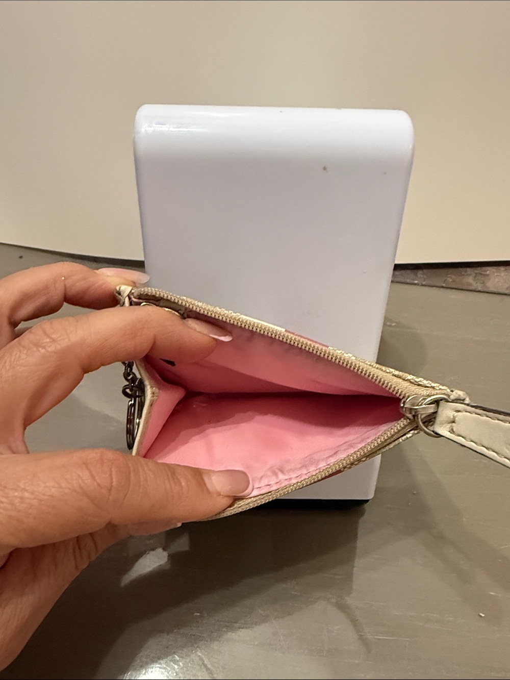 Coach Tan Canvas Key Card Holder with Cream and Pink Stripe - Picture 3 of 3